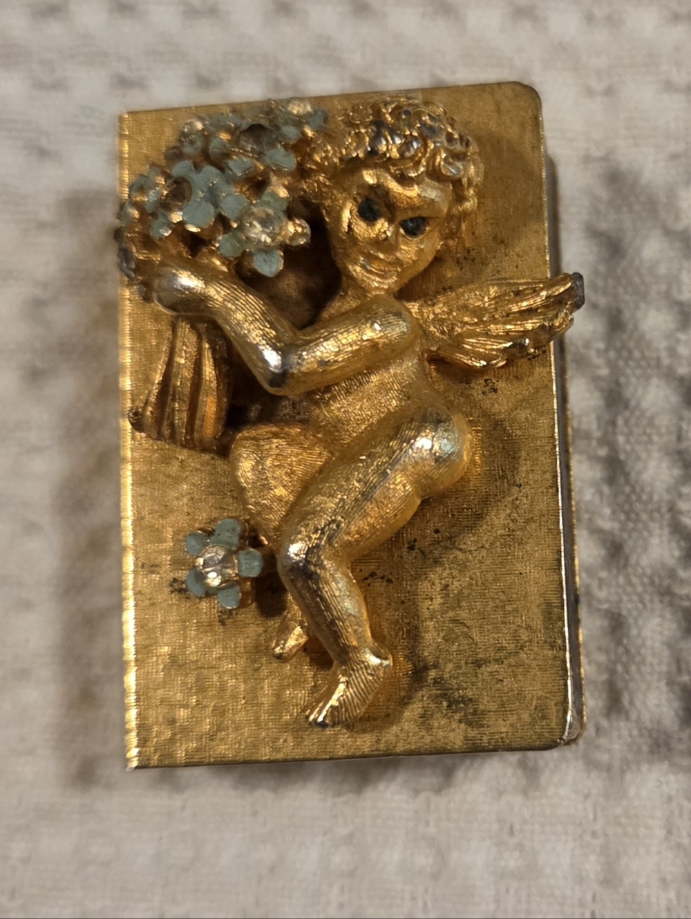 Vintage Angel Matchbox with Pale Blue Flower Accents